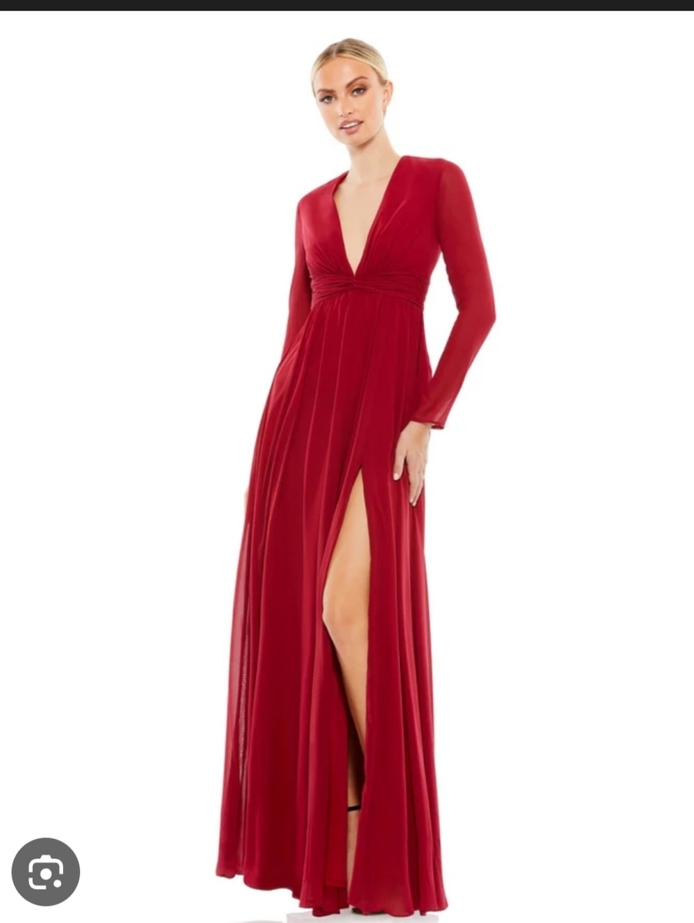 Mac Duggal Crimson Chiffon Long Sleeve Plunge V-Neck Gown with Thigh Slit